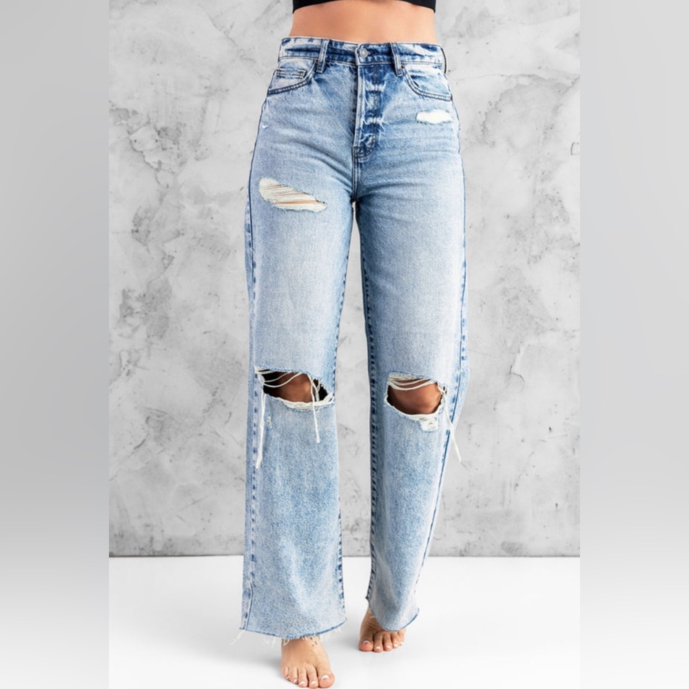 Sky blue distressed hollow-out knees wide leg jeans